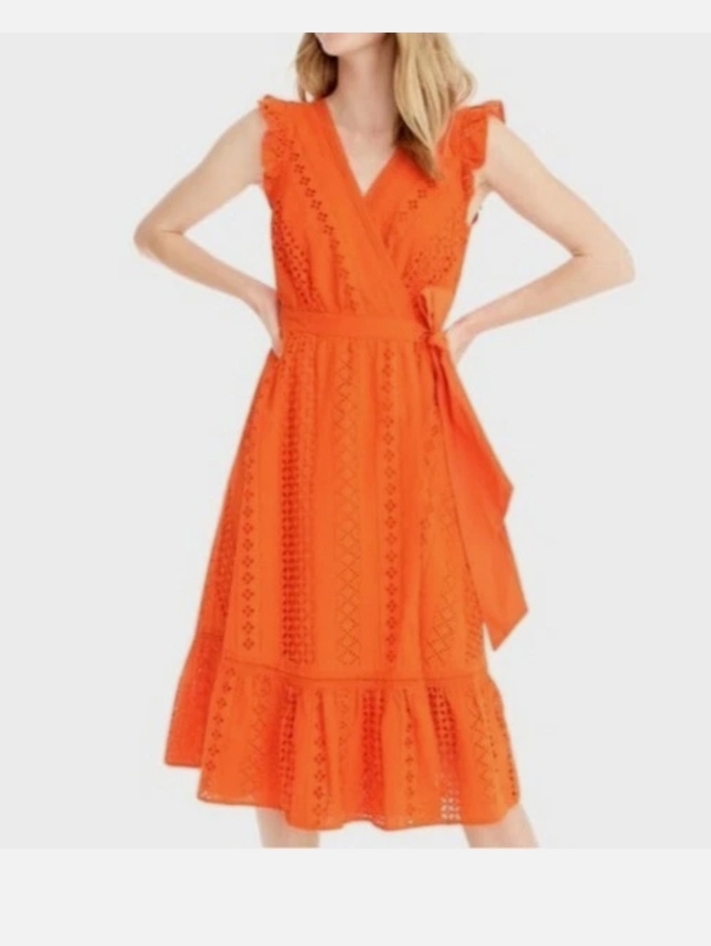 J. Crew Orange Eyelet Wrap Midi Dress with Waist Tie - Picture 4 of 12